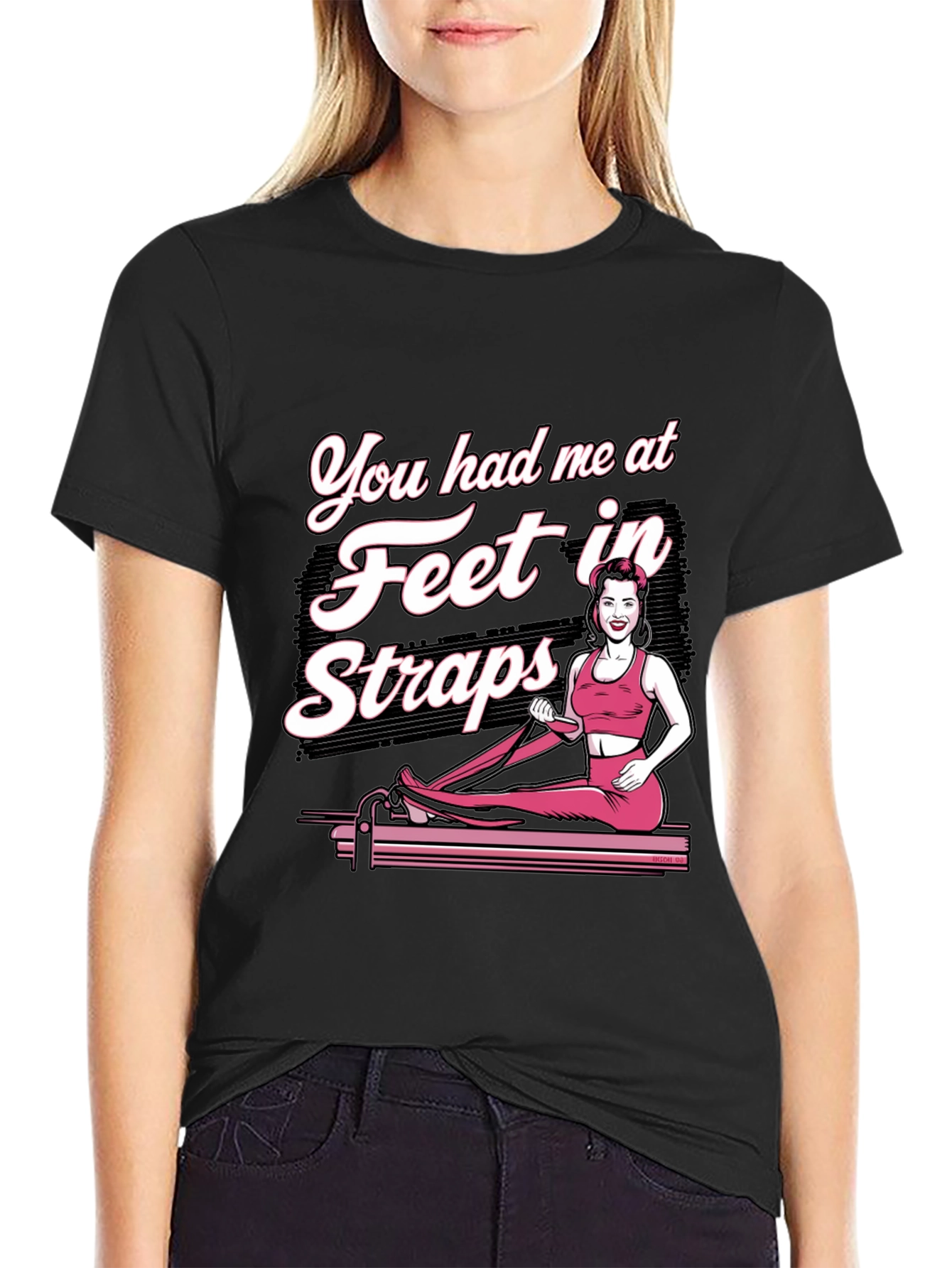 Pilates Feet in Straps Black Graphic T-Shirt
