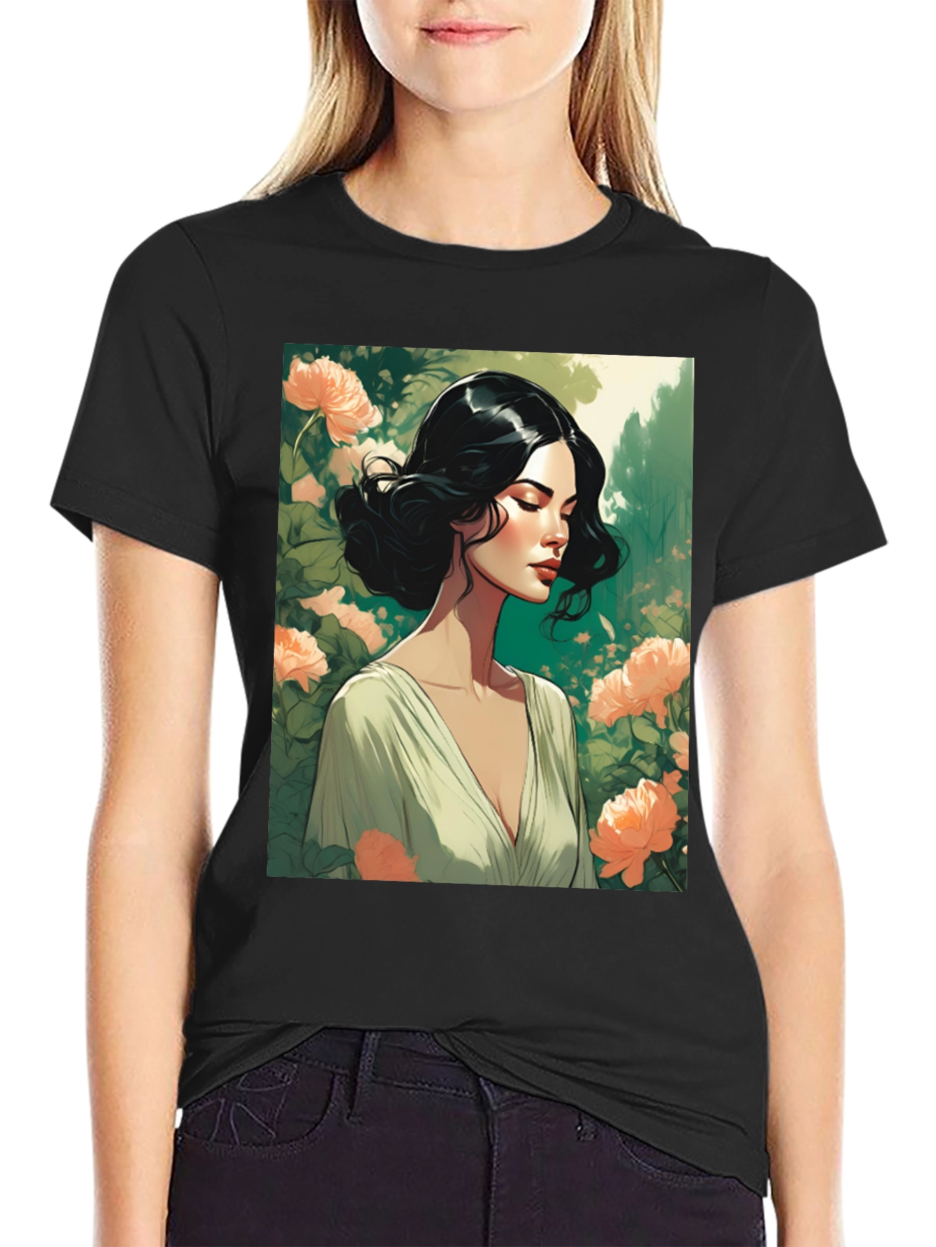 Elegant Woman Floral T-Shirt - Stylish Graphic Tee