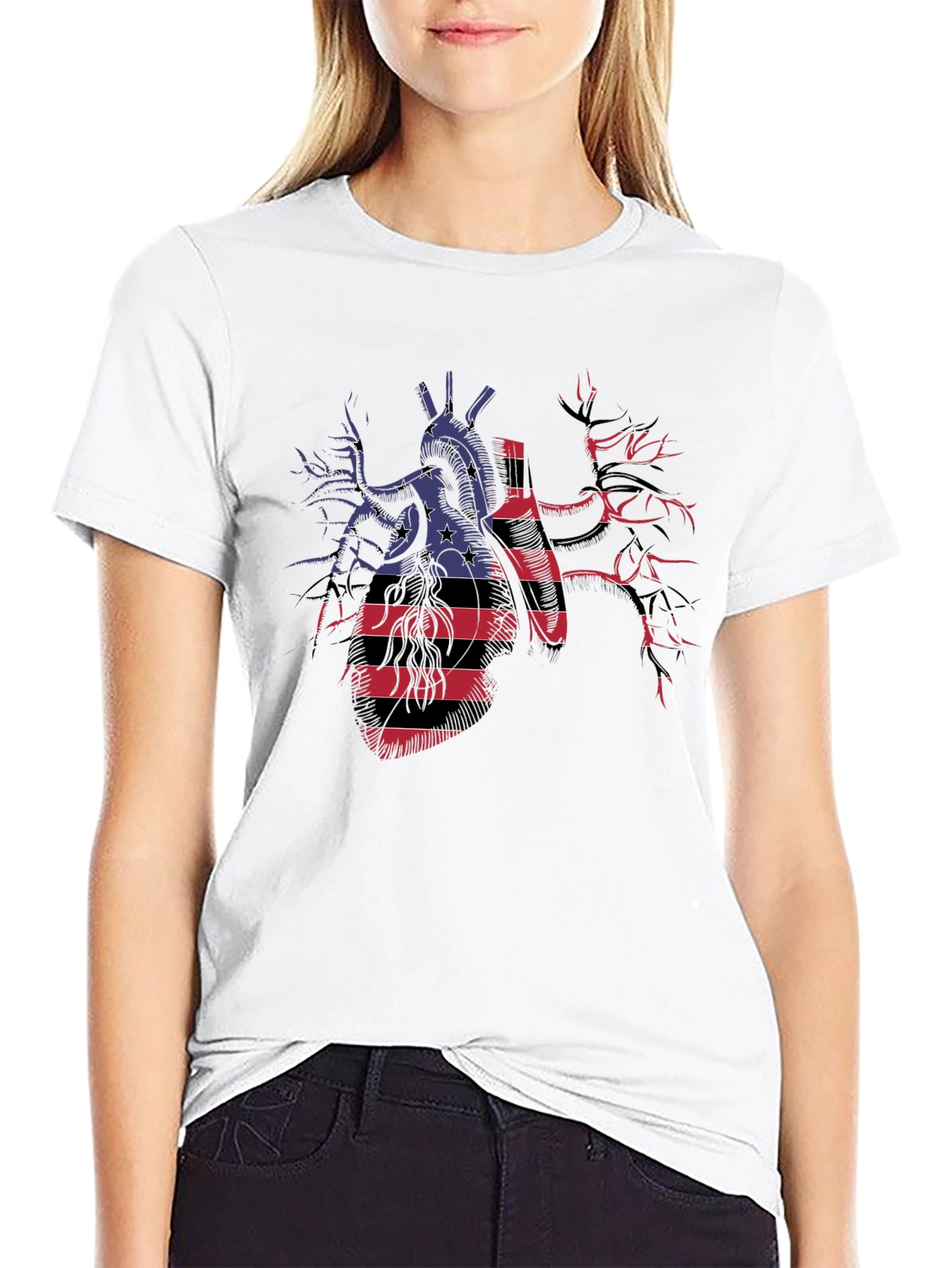 Anatomical Heart USA Flag Graphic Black T-Shirt