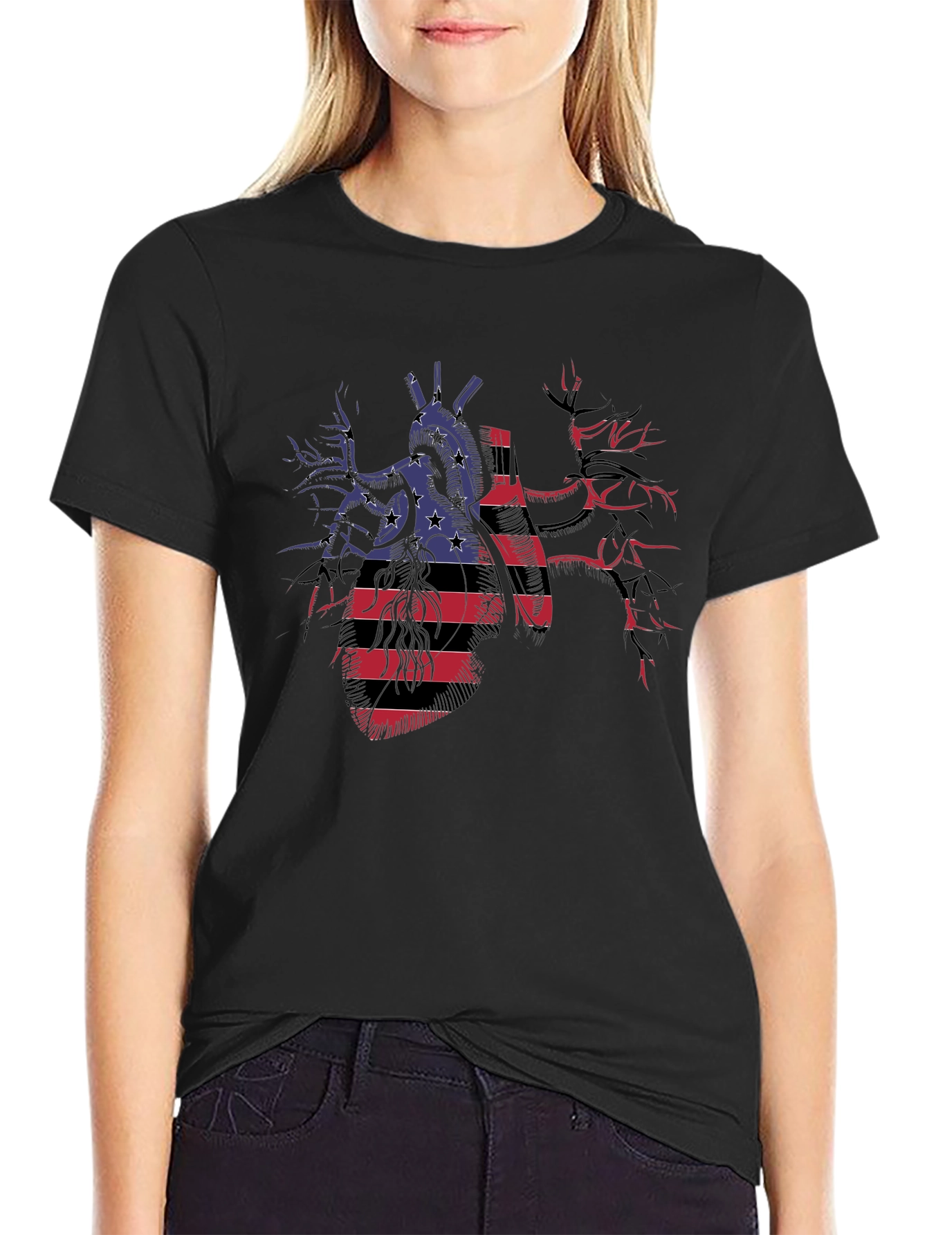 Anatomical Heart USA Flag Graphic Black T-Shirt