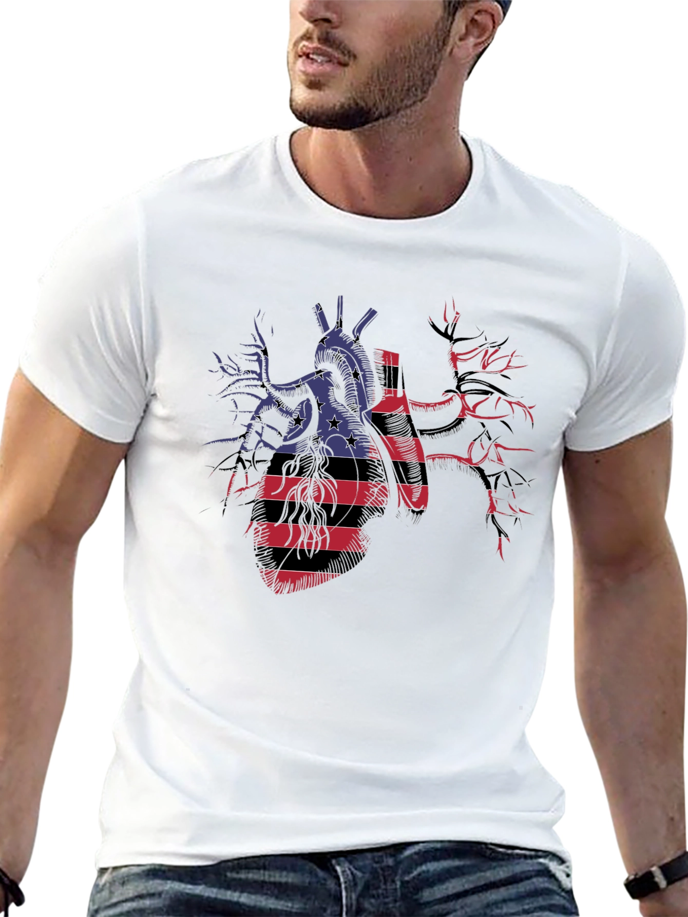 Anatomical Heart USA Flag Graphic Black T-Shirt