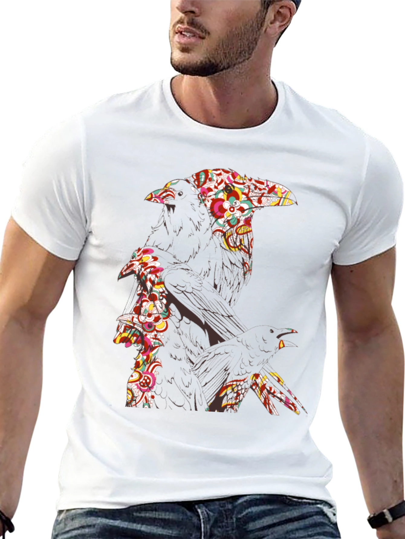Floral Raven Graphic Tee - Cool Crow Design