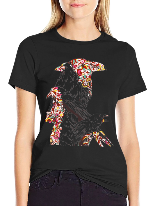Floral Raven Graphic Tee - Cool Crow Design