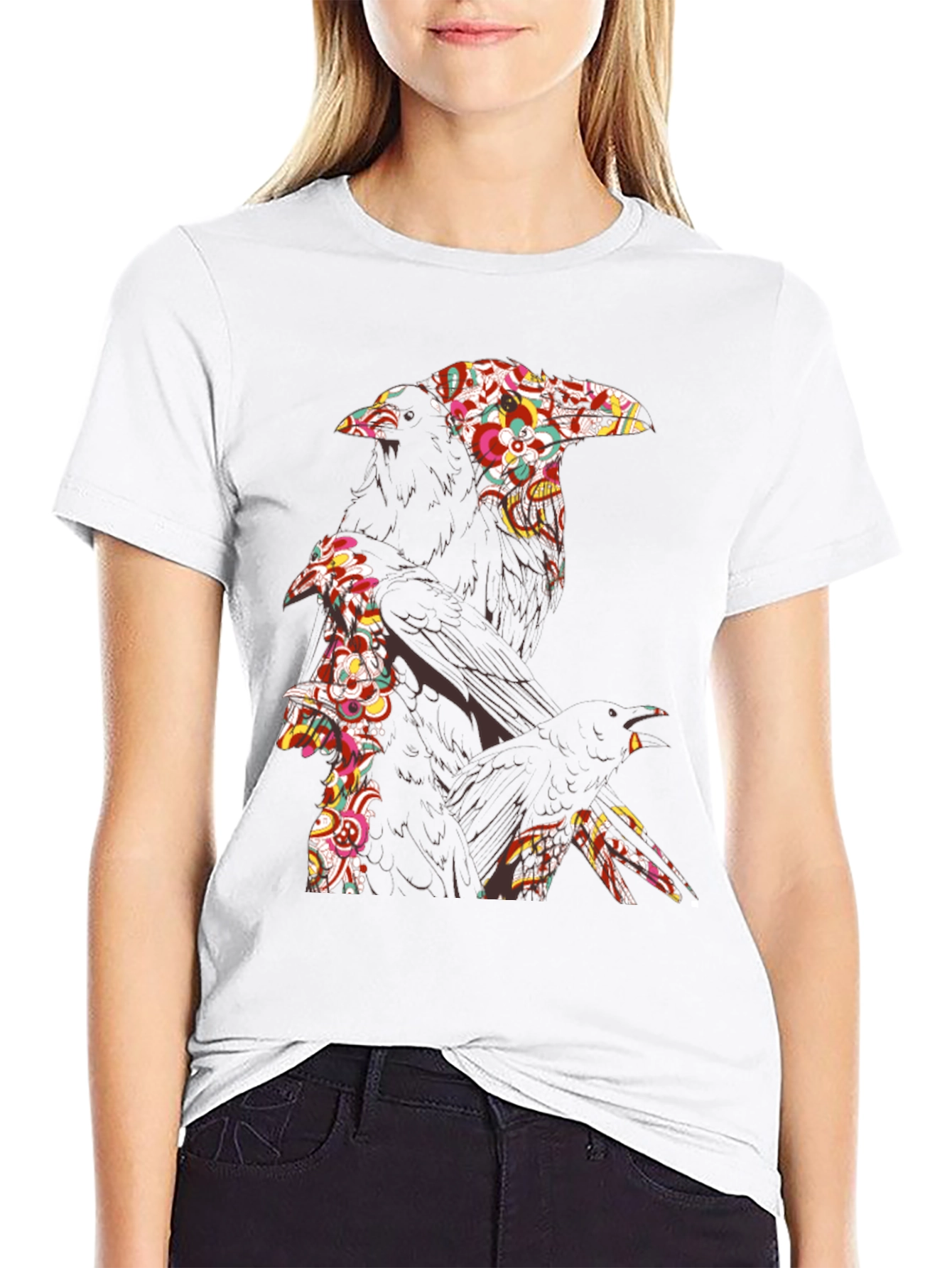 Floral Raven Graphic Tee - Cool Crow Design