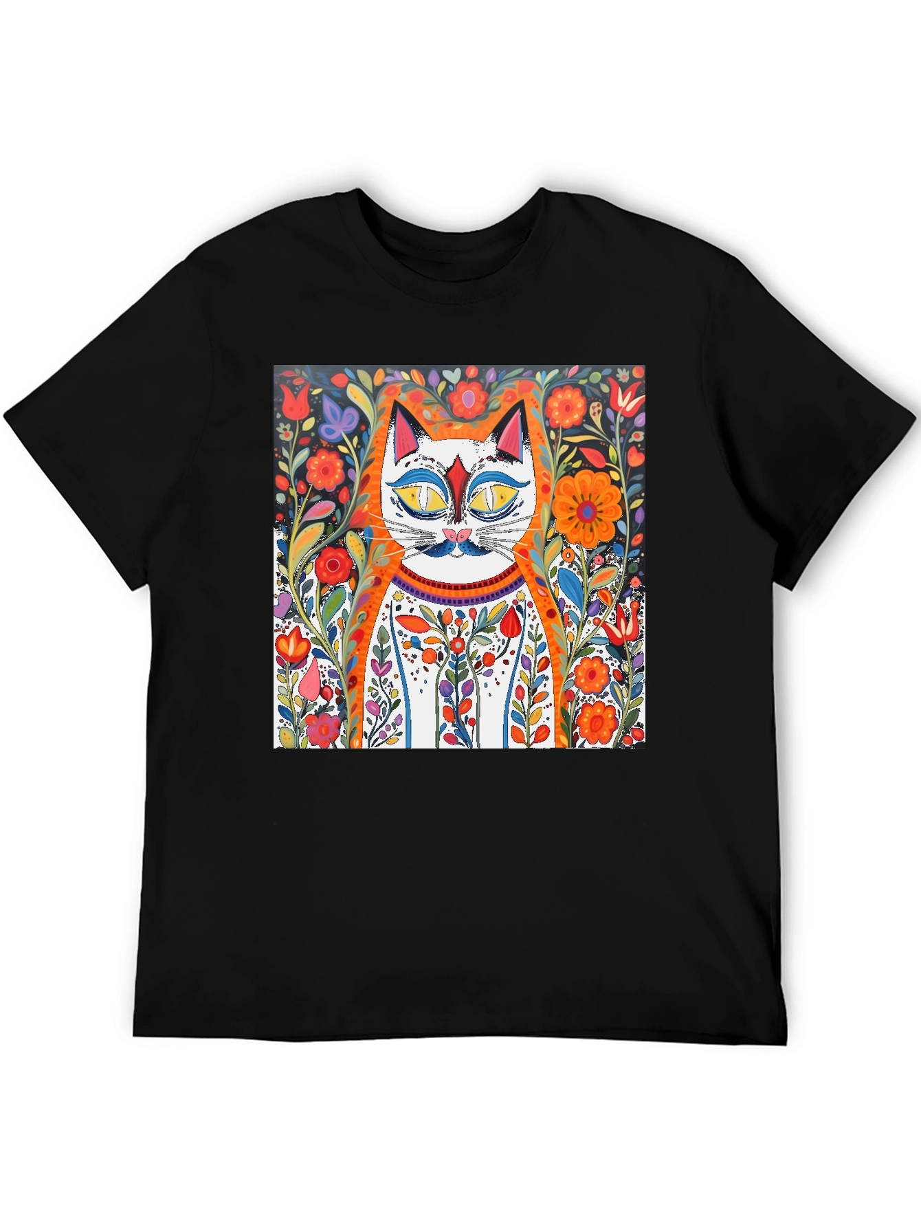 Floral Cat Art Graphic Tee - Whimsical Print