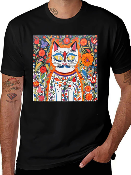 Floral Cat Art Graphic Tee - Whimsical Print