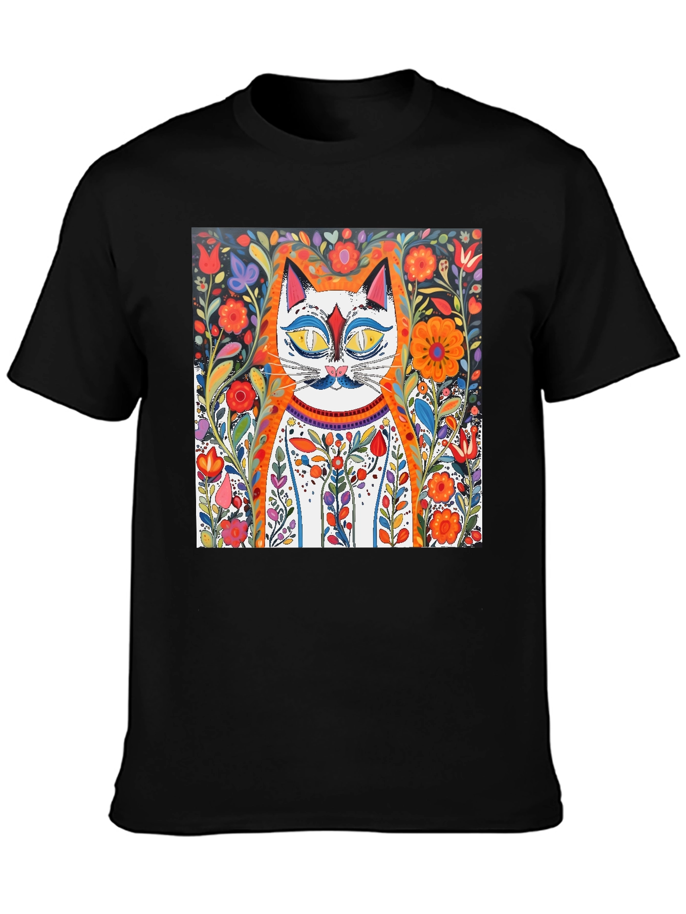 Floral Cat Art Graphic Tee - Whimsical Print