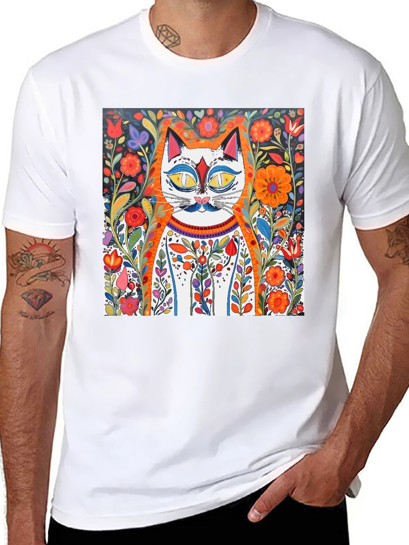 Floral Cat Art Graphic Tee - Whimsical Print