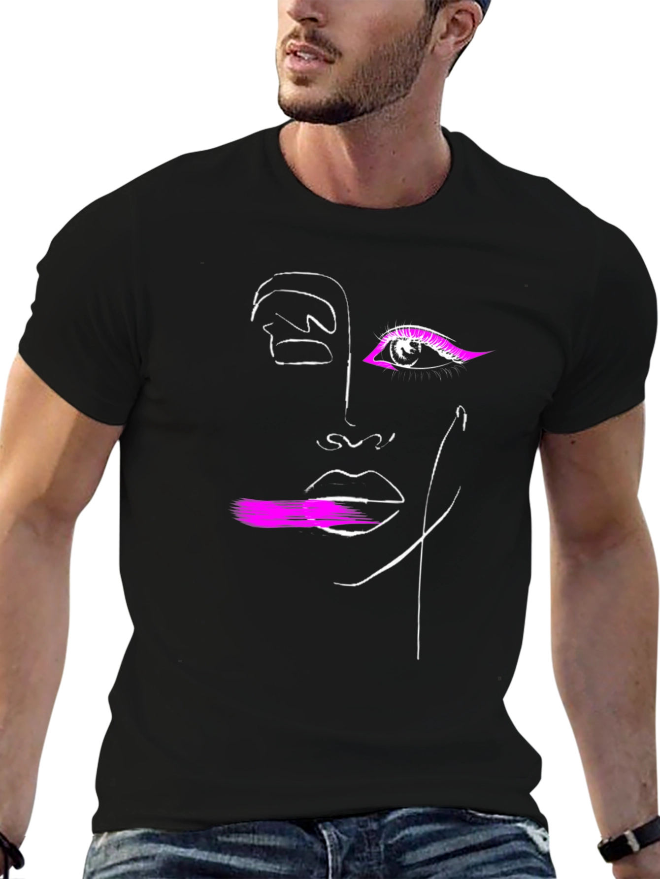 Abstract Face Graphic Tee - Modern Artsy Black T-Shirt