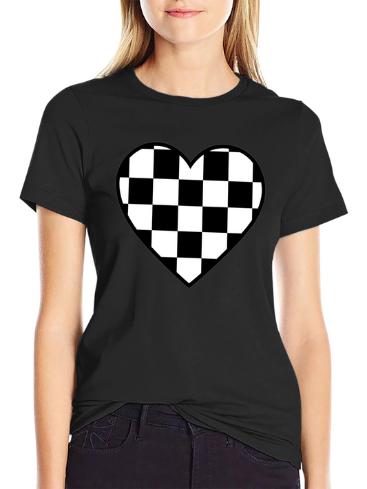 Checkered Heart Graphic Tee - Stylish Black Shirt