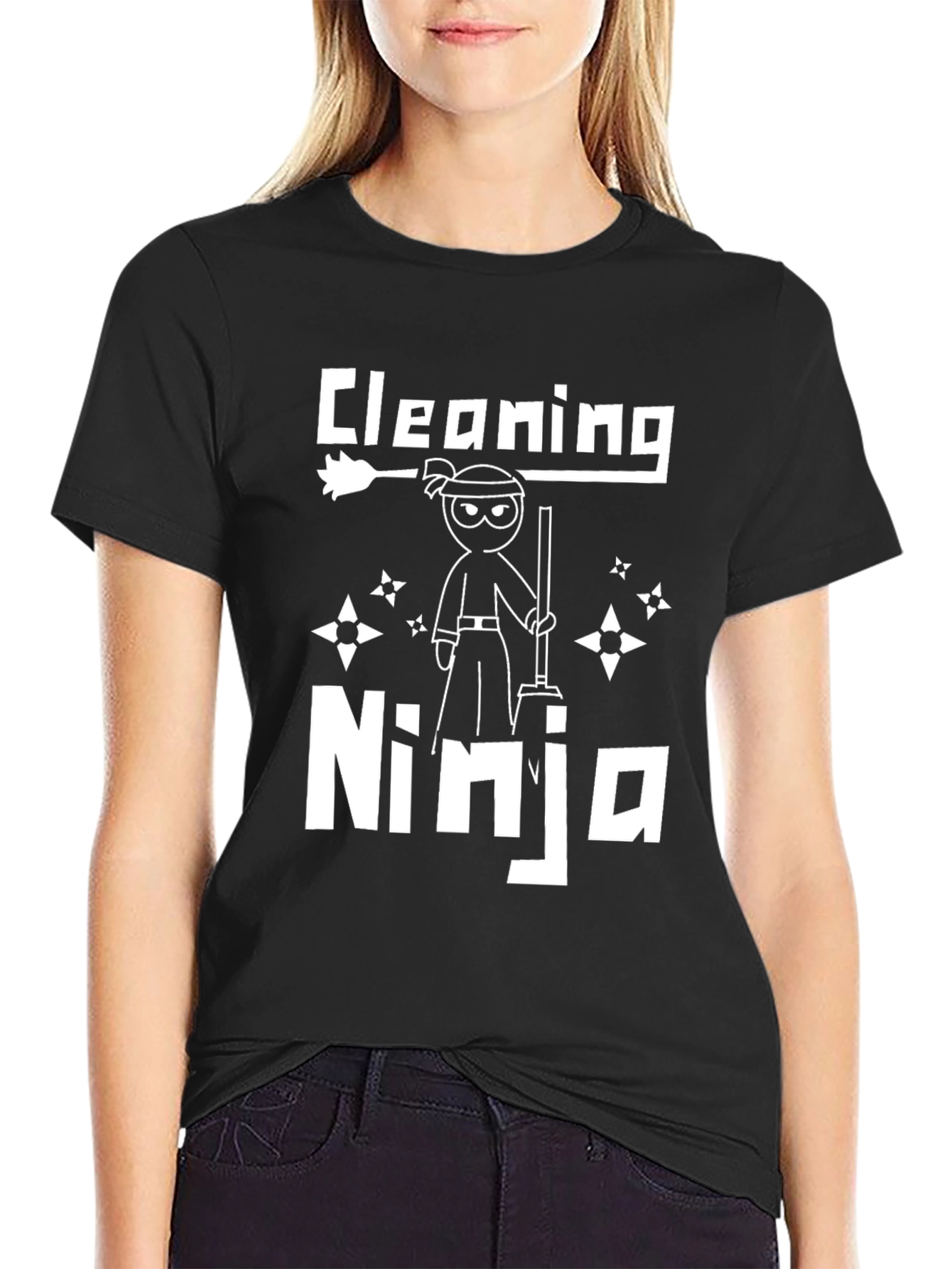 Cleaning Ninja Graphic T-Shirt - Black Crew Neck Tee