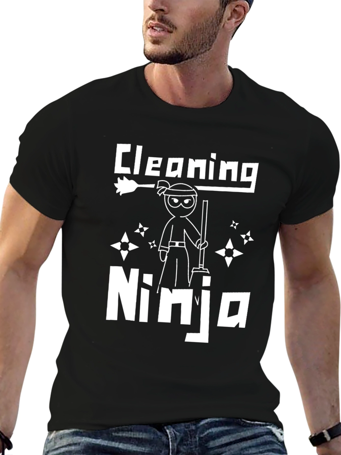Cleaning Ninja Graphic T-Shirt - Black Crew Neck Tee