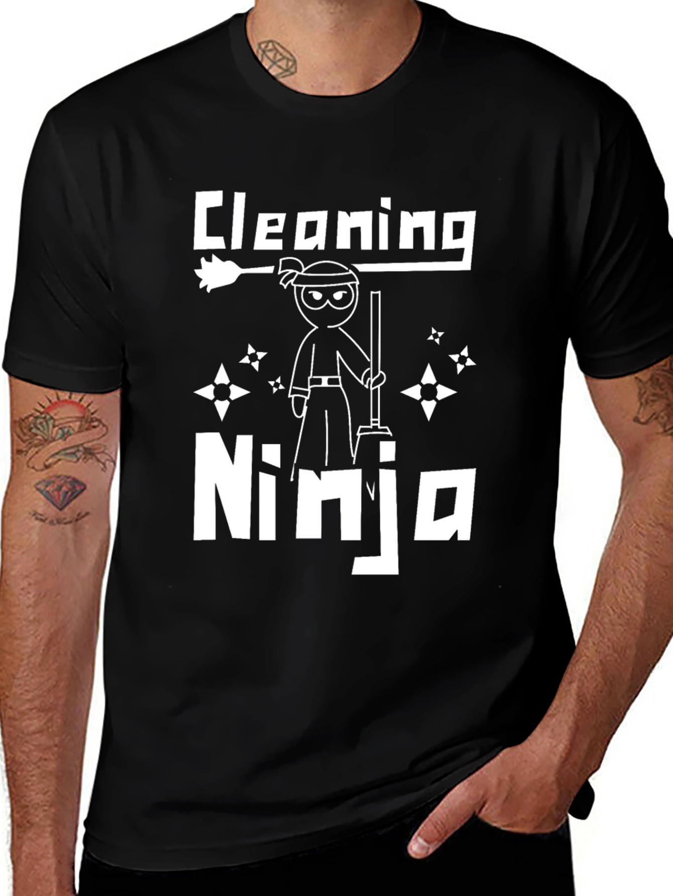 Cleaning Ninja Graphic T-Shirt - Black Crew Neck Tee