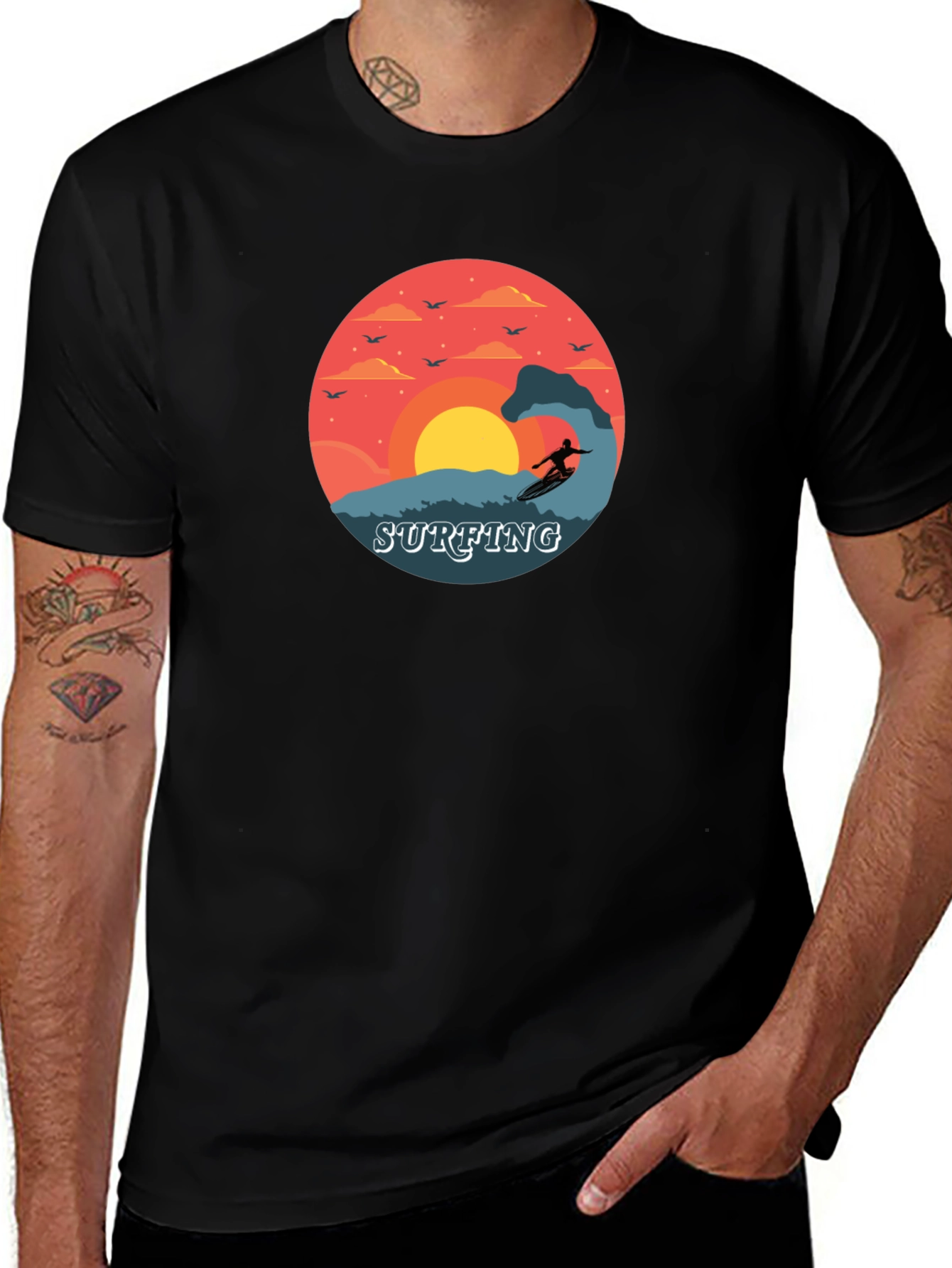 Surfing Sunset Graphic Tee - Black Cotton T-Shirt