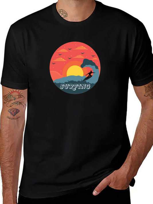 Surfing Sunset Graphic Tee - Black Cotton T-Shirt