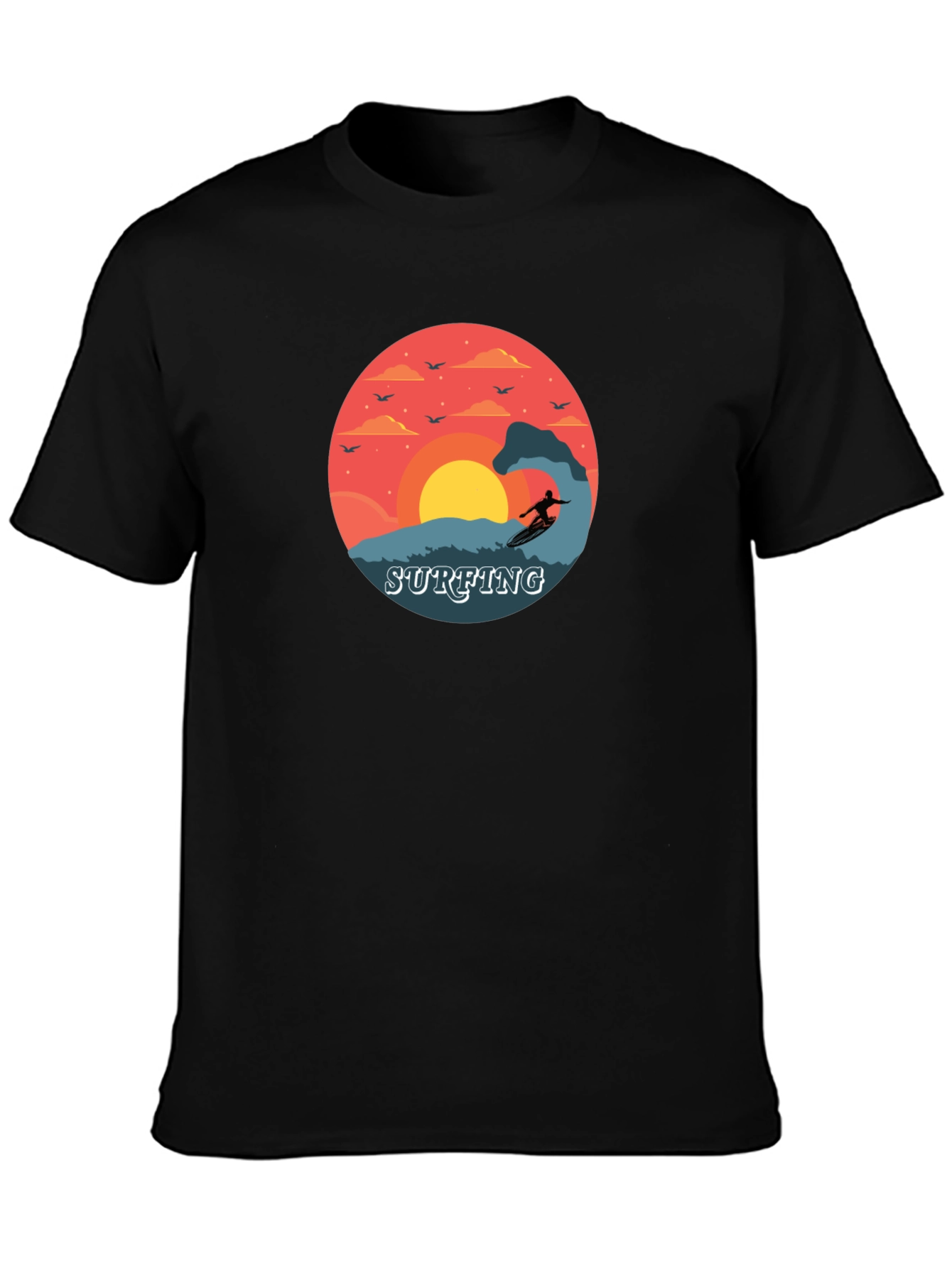 Surfing Sunset Graphic Tee - Black Cotton T-Shirt