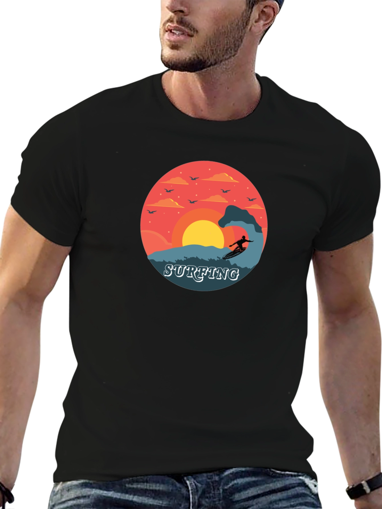 Surfing Sunset Graphic Tee - Black Cotton T-Shirt