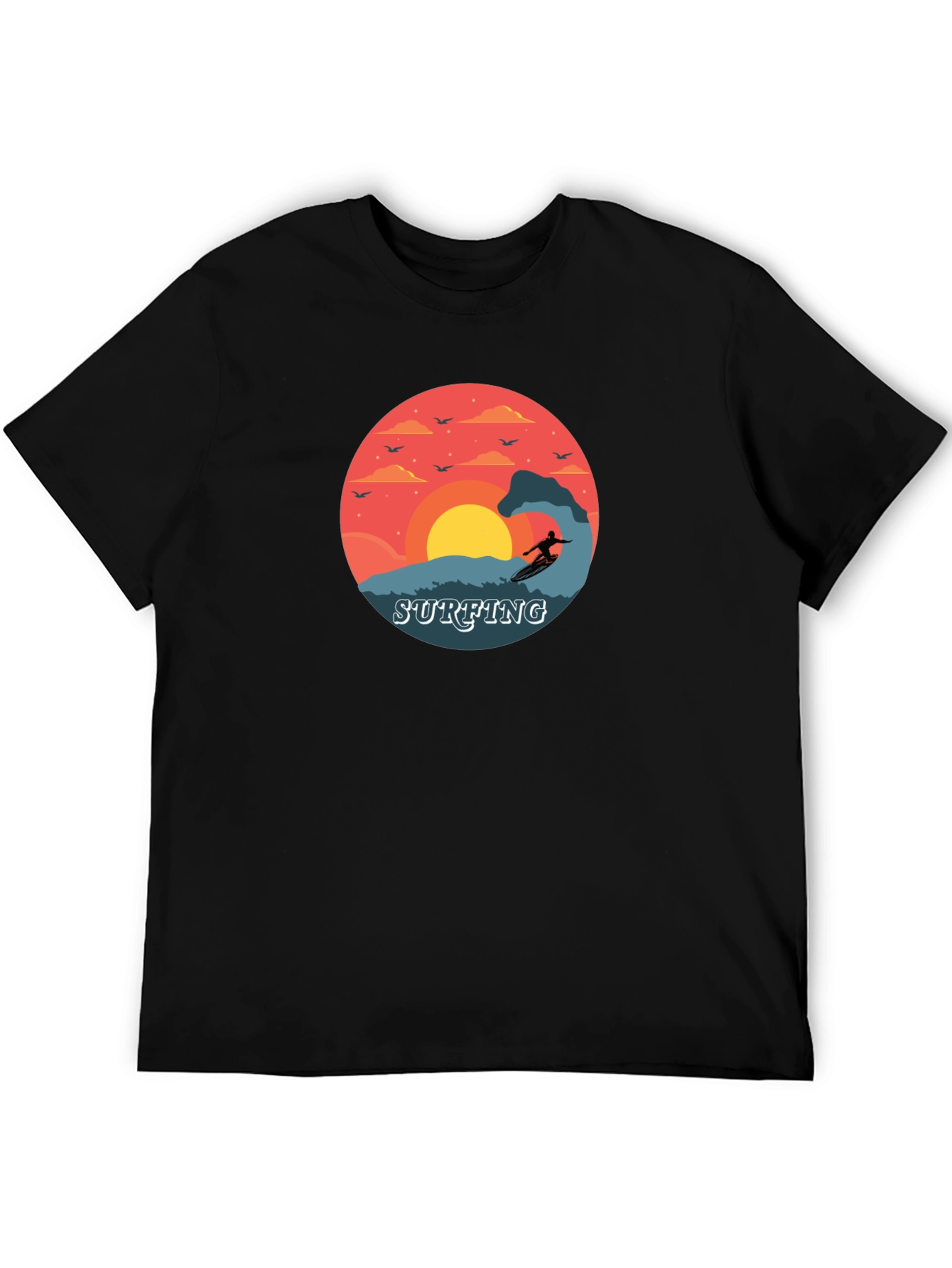 Surfing Sunset Graphic Tee - Black Cotton T-Shirt