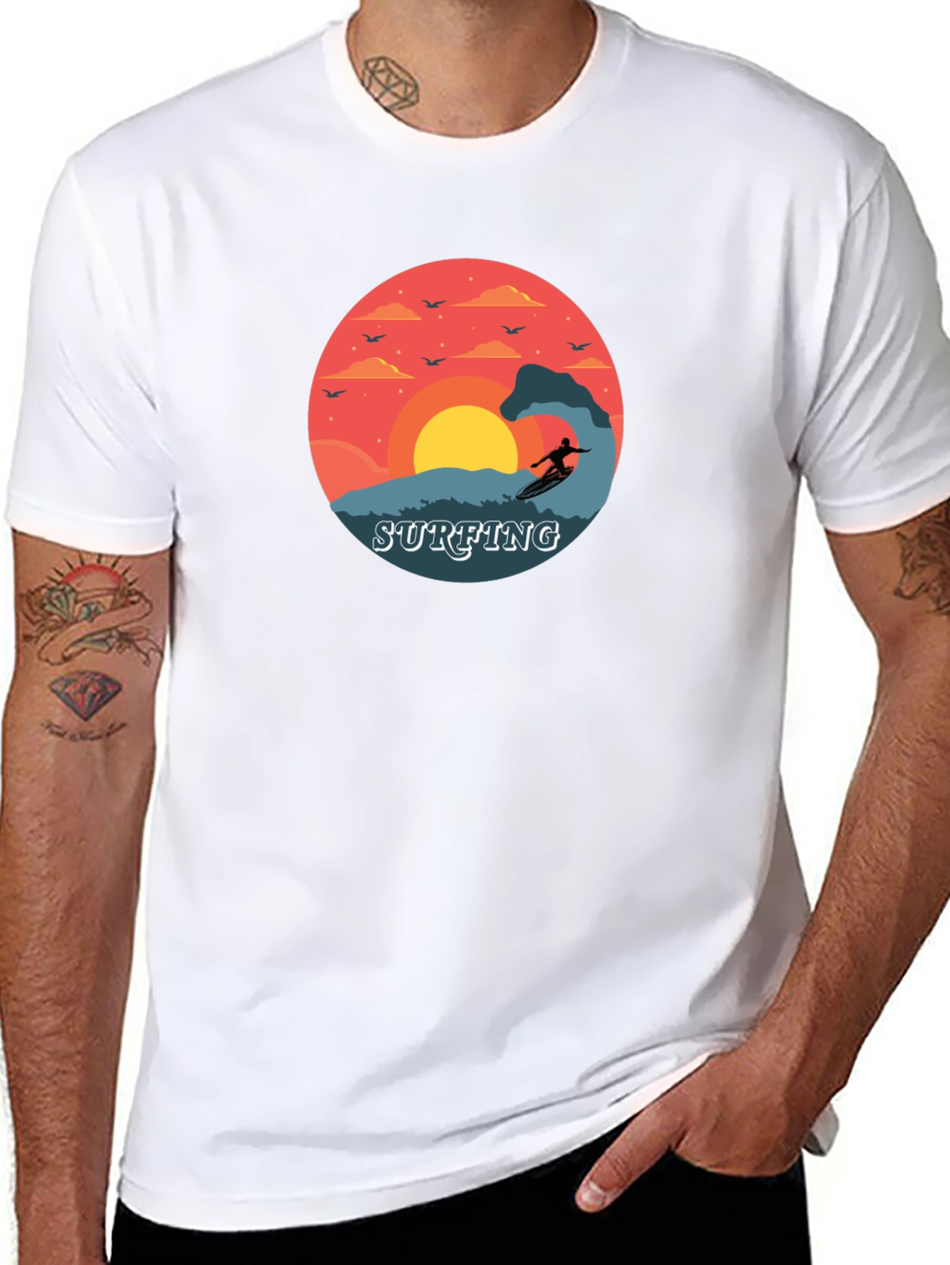 Surfing Sunset Graphic Tee - Black Cotton T-Shirt