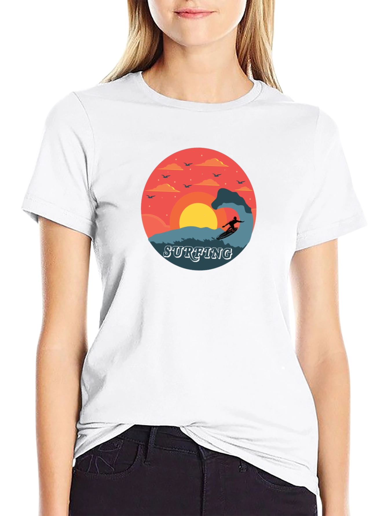 Surfing Sunset Graphic Tee - Black Cotton T-Shirt
