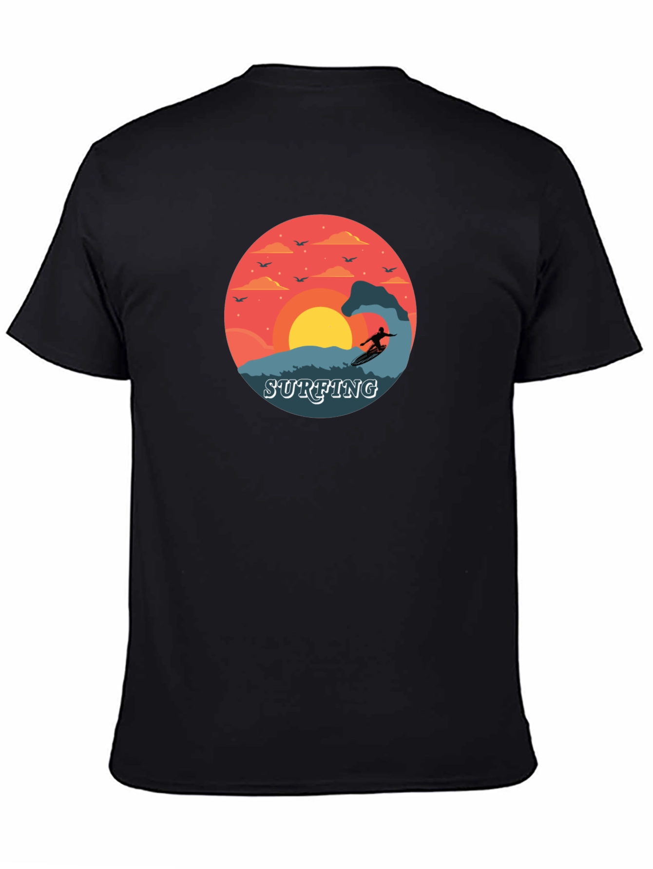 Surfing Sunset Graphic Tee - Black Cotton T-Shirt