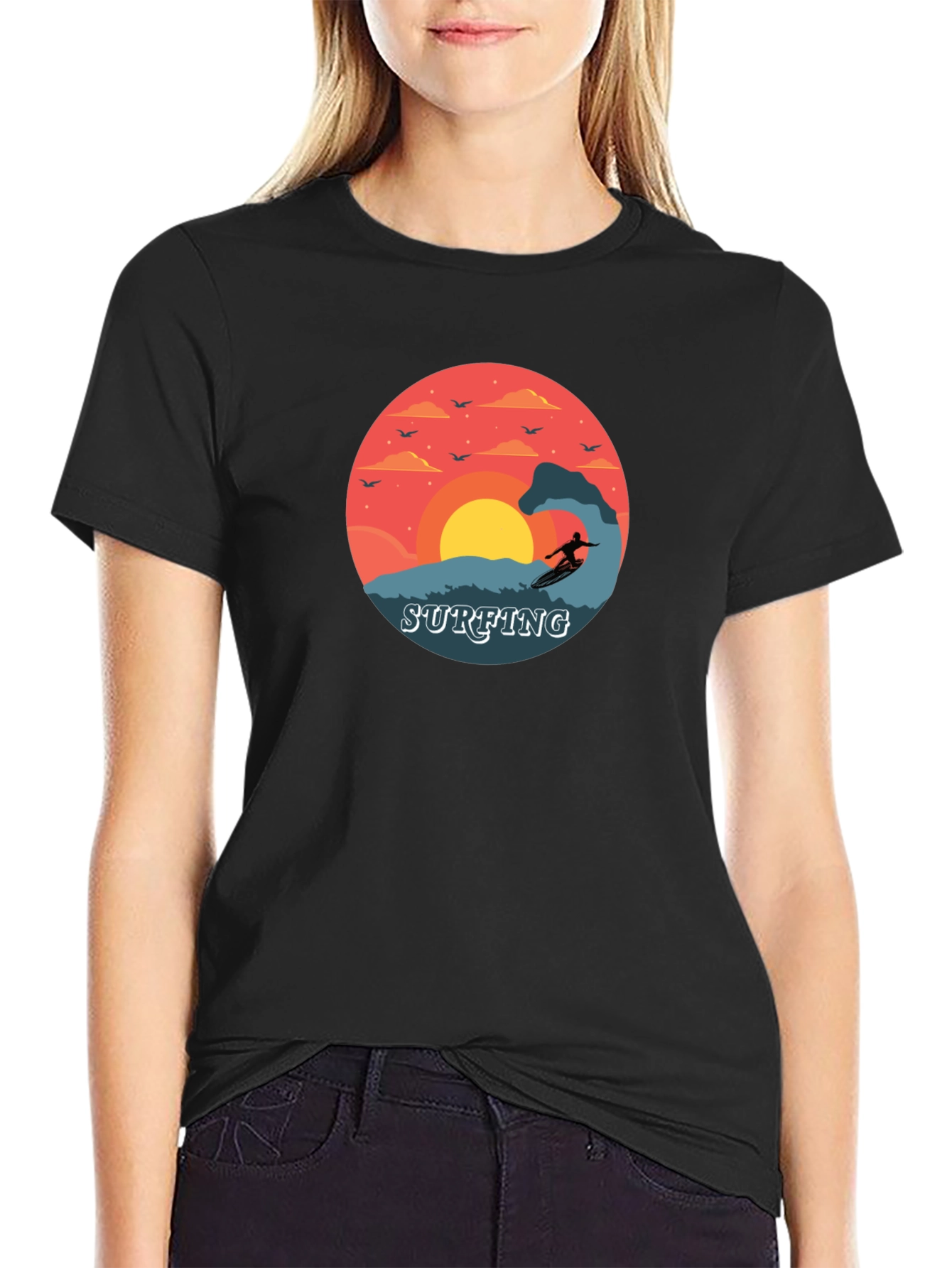 Surfing Sunset Graphic Tee - Black Cotton T-Shirt