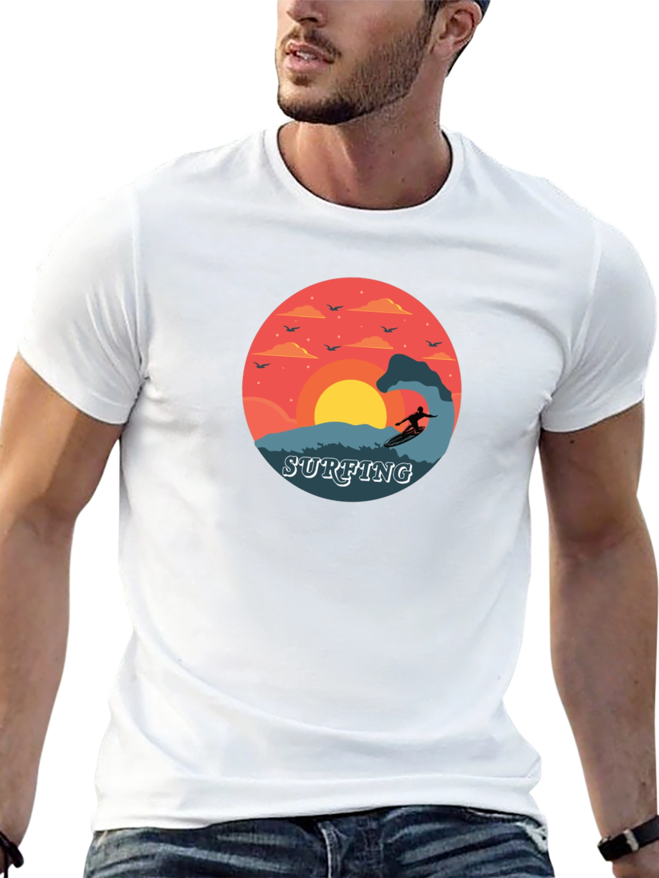 Surfing Sunset Graphic Tee - Black Cotton T-Shirt