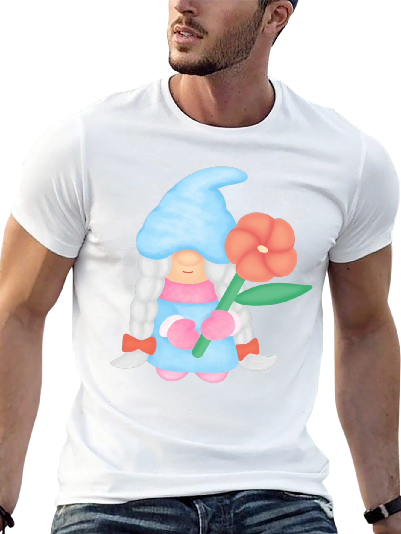Gnome Holding Flower Black T-Shirt