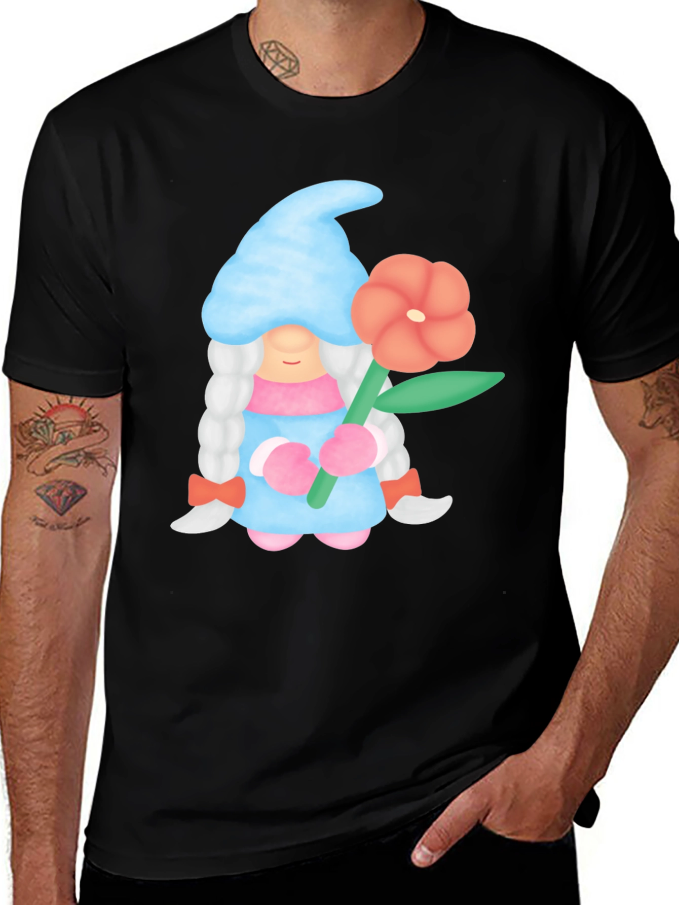 Gnome Holding Flower Black T-Shirt