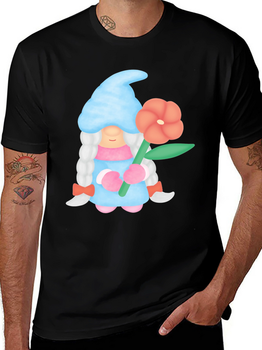 Gnome Holding Flower Black T-Shirt