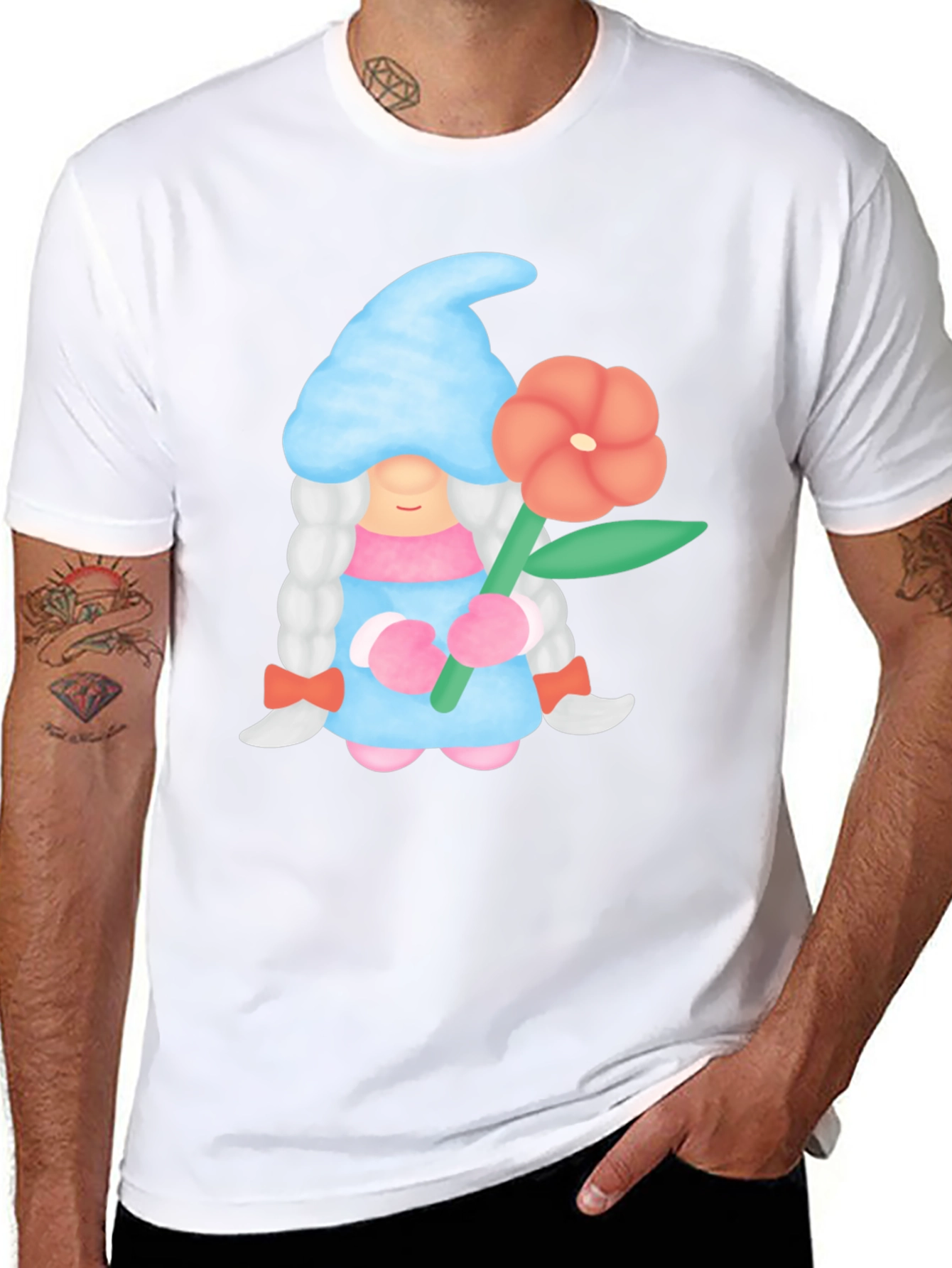 Gnome Holding Flower Black T-Shirt