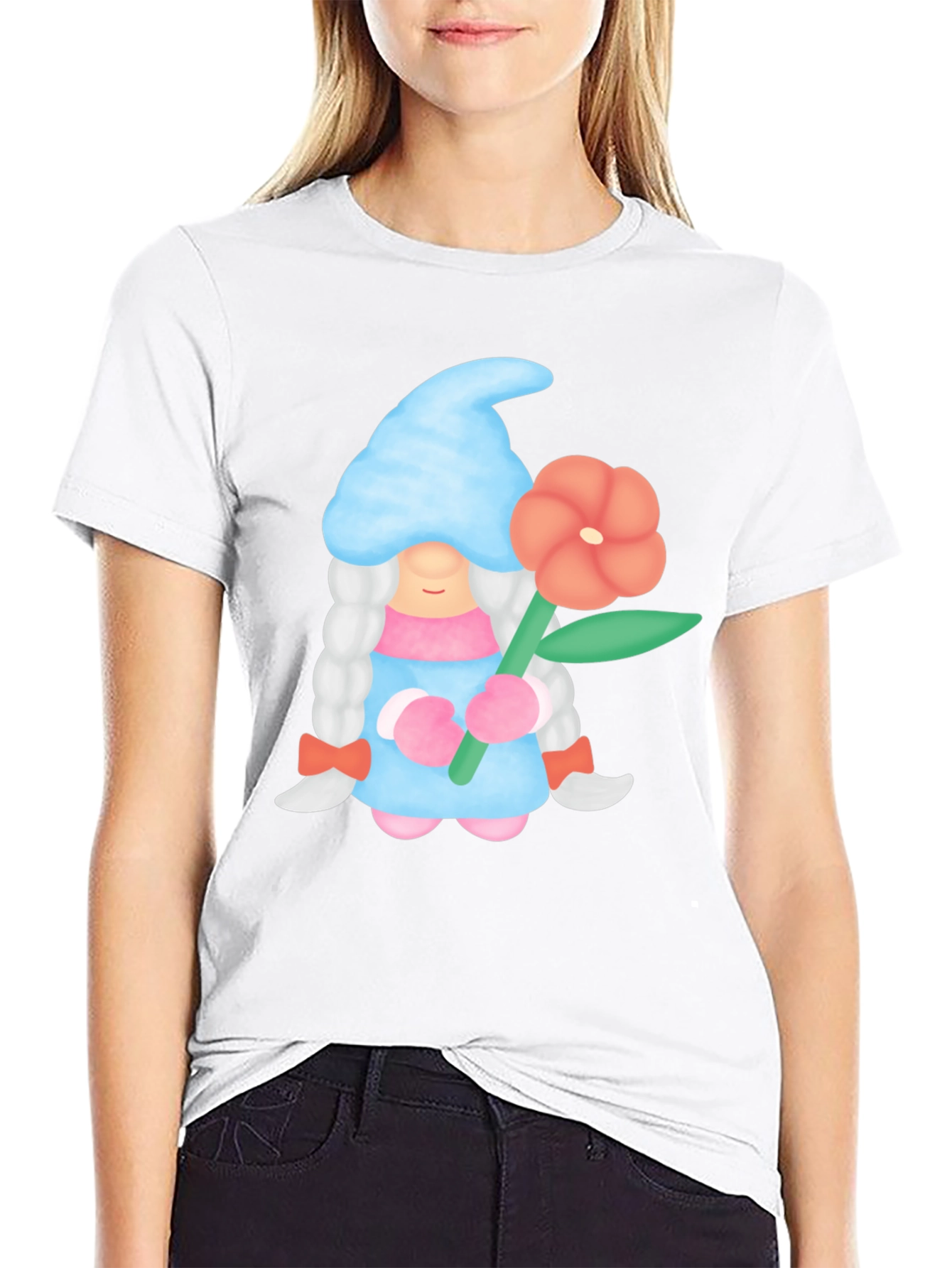 Gnome Holding Flower Black T-Shirt