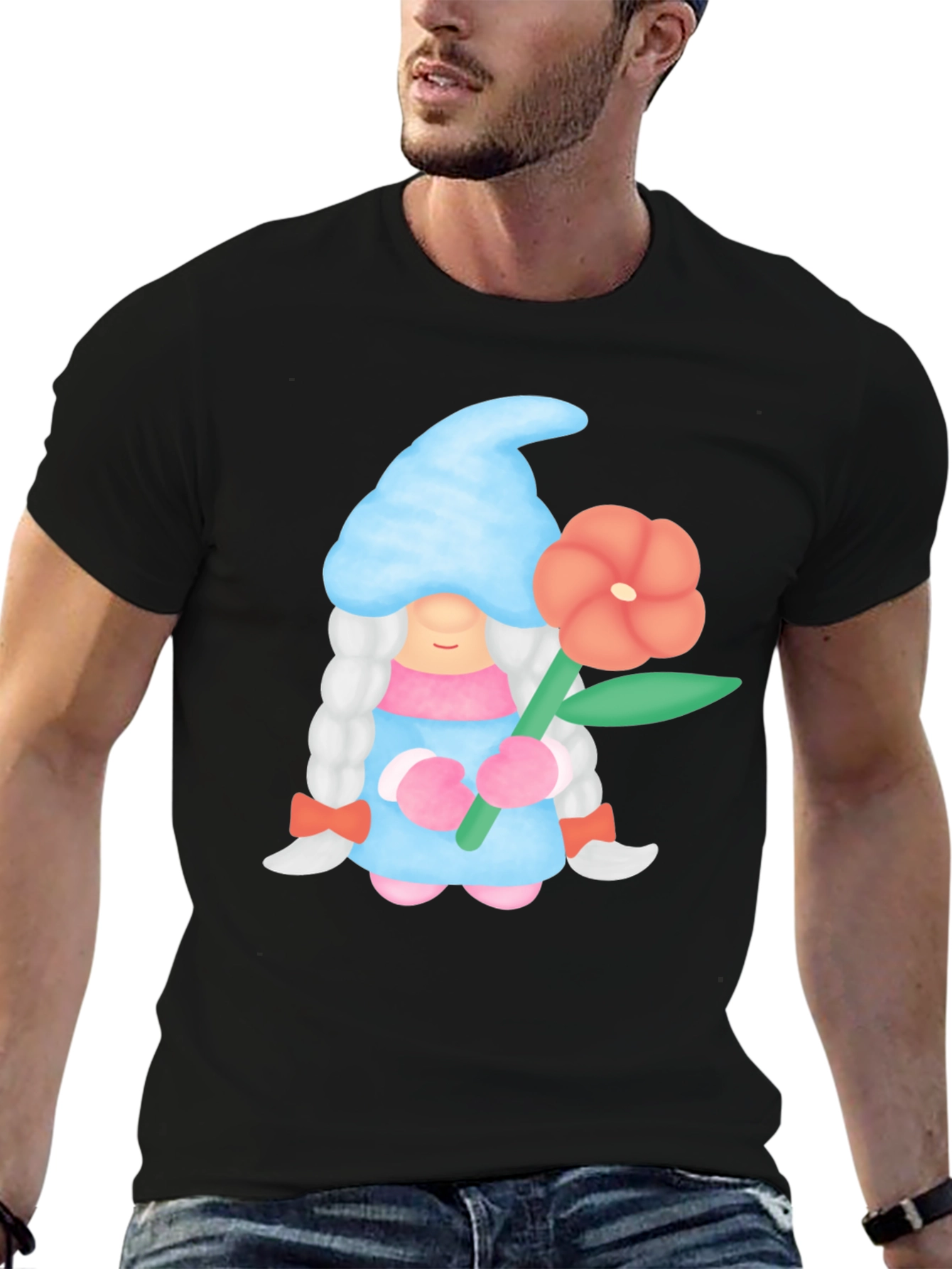 Gnome Holding Flower Black T-Shirt