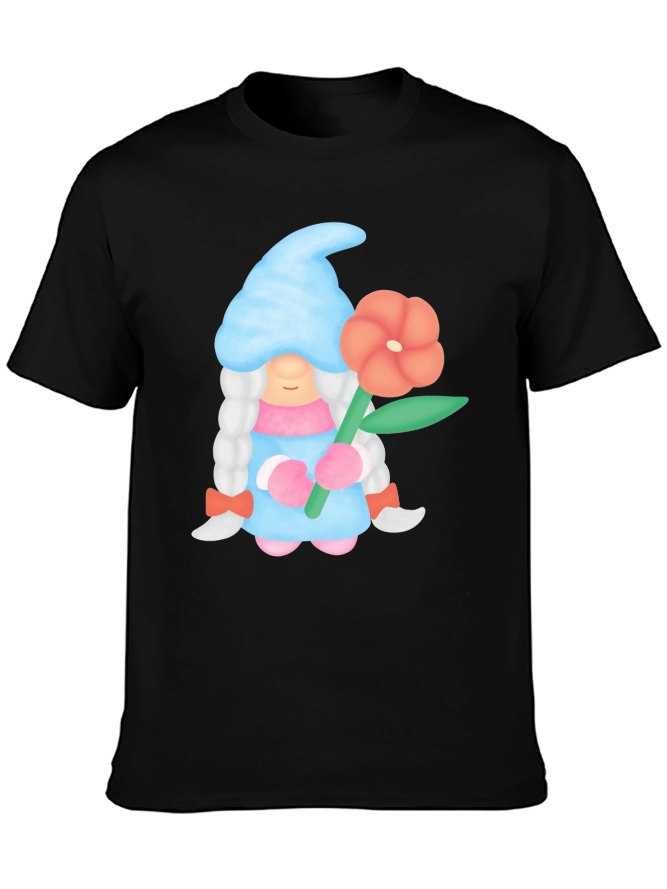 Gnome Holding Flower Black T-Shirt