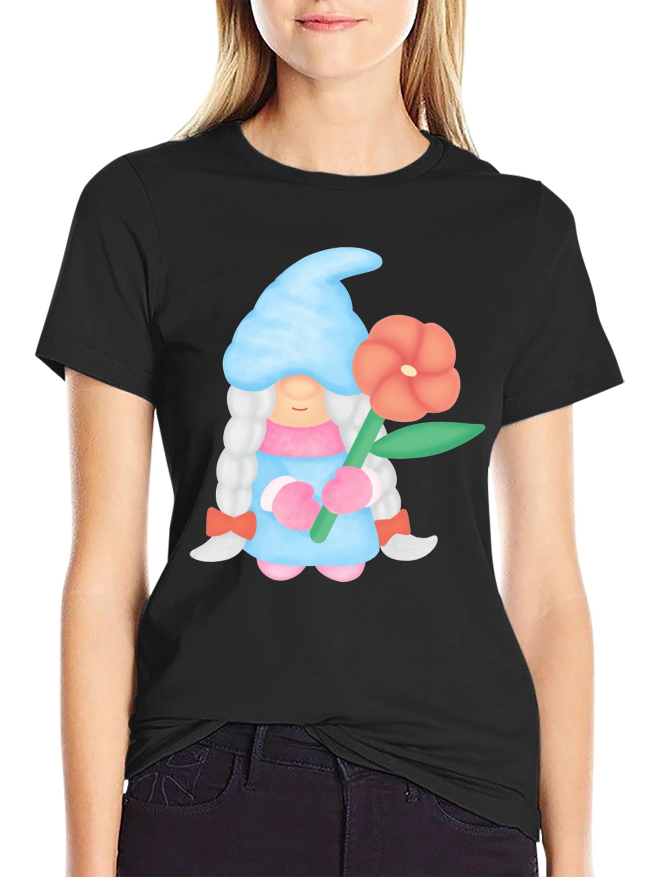 Gnome Holding Flower Black T-Shirt