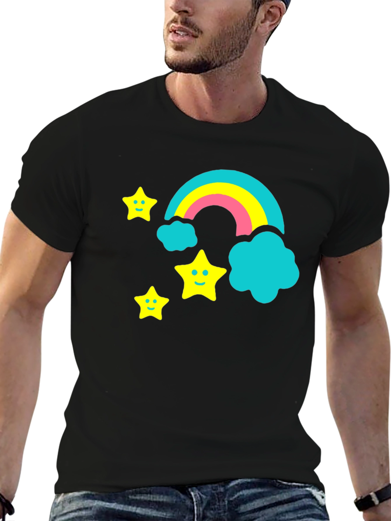 Rainbow & Stars Graphic Tee - Fun Black T-Shirt