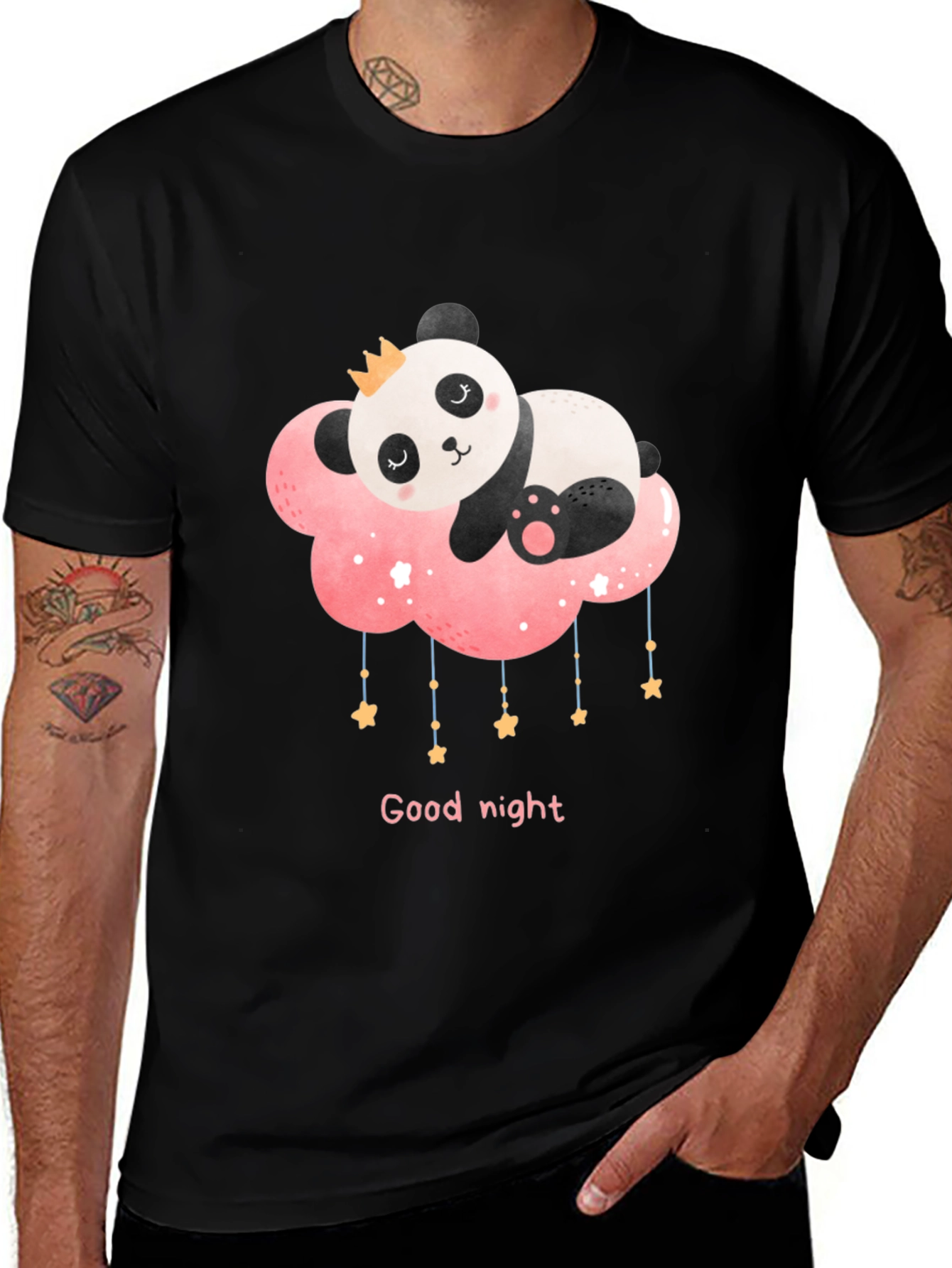 Cute Panda Cloud Good Night Black T-Shirt