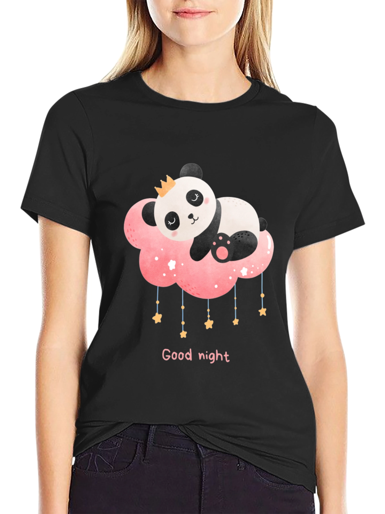 Cute Panda Cloud Good Night Black T-Shirt