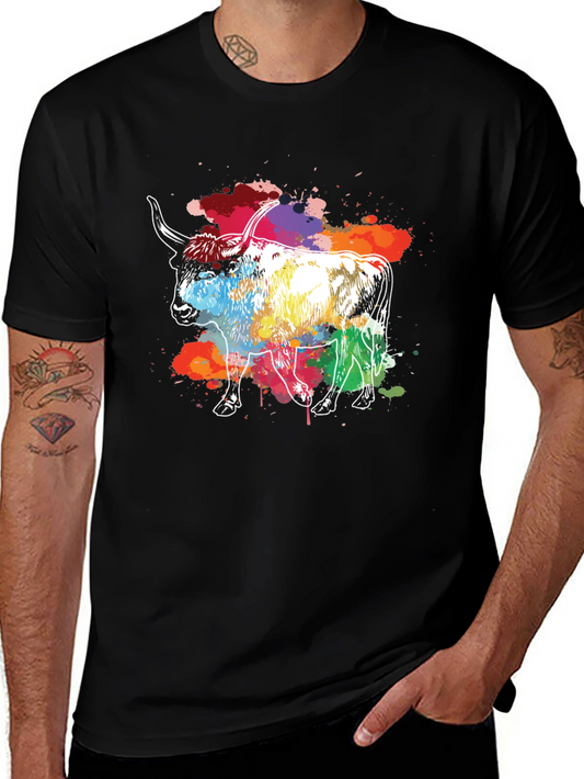 Colorful Highland Cow Graphic Tee - Black Cotton T-Shirt