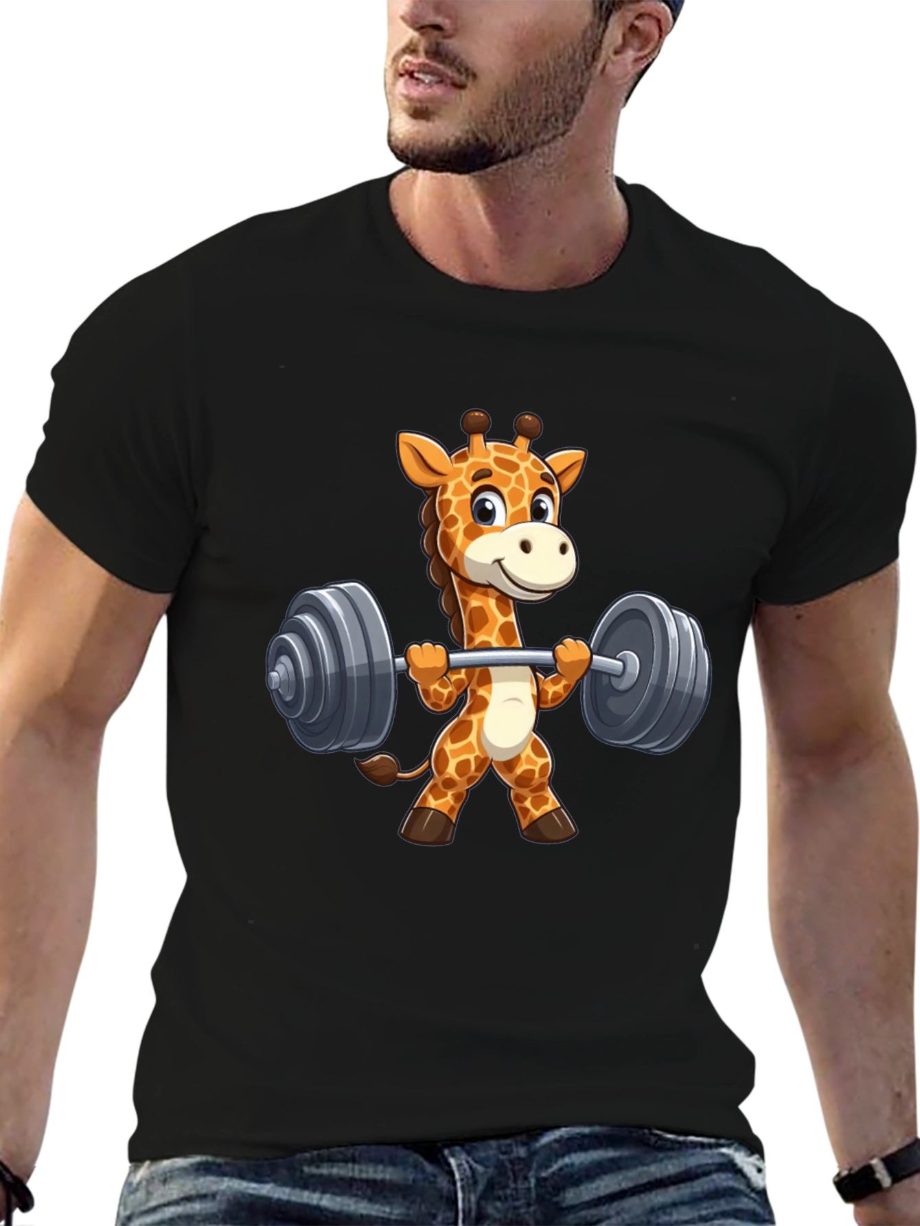 Giraffe Lifting Weights Graphic T-Shirt - Black