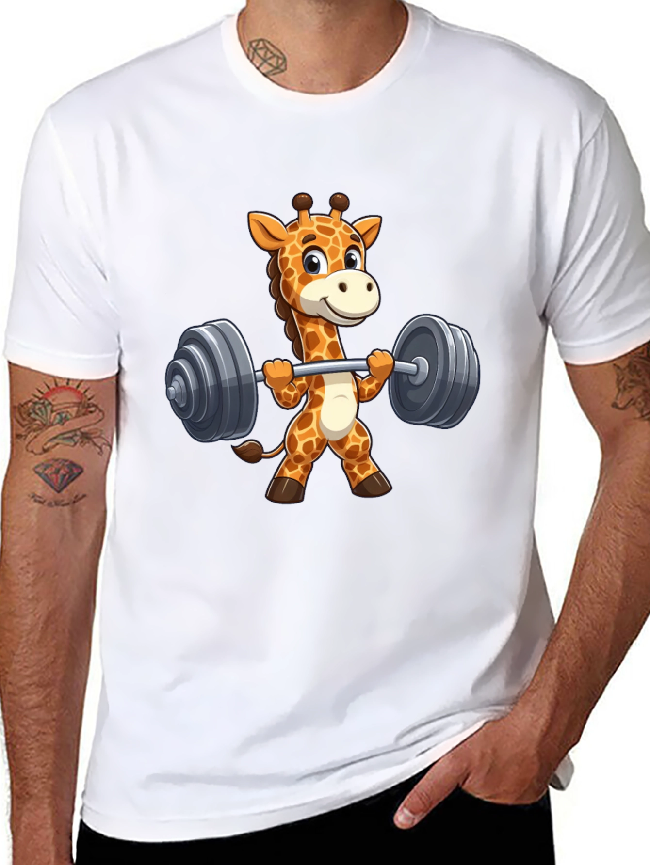 Giraffe Lifting Weights Graphic T-Shirt - Black