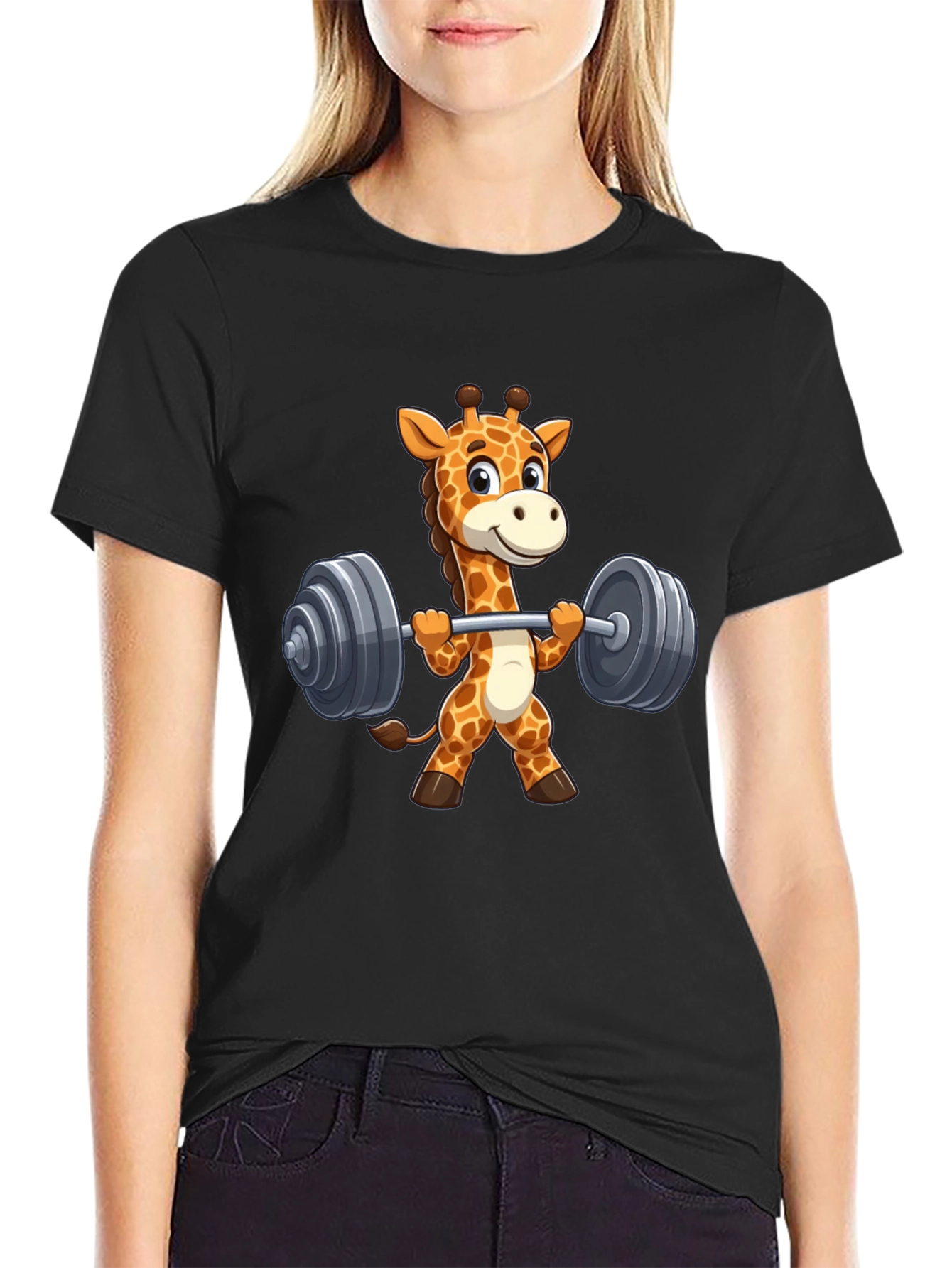 Giraffe Lifting Weights Graphic T-Shirt - Black