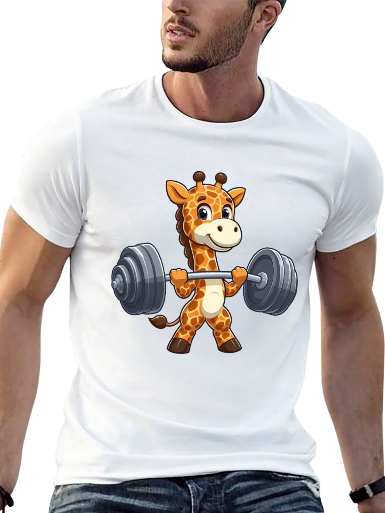 Giraffe Lifting Weights Graphic T-Shirt - Black