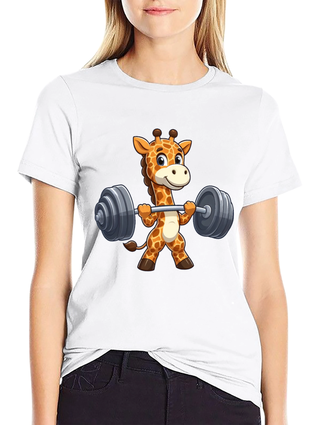 Giraffe Lifting Weights Graphic T-Shirt - Black