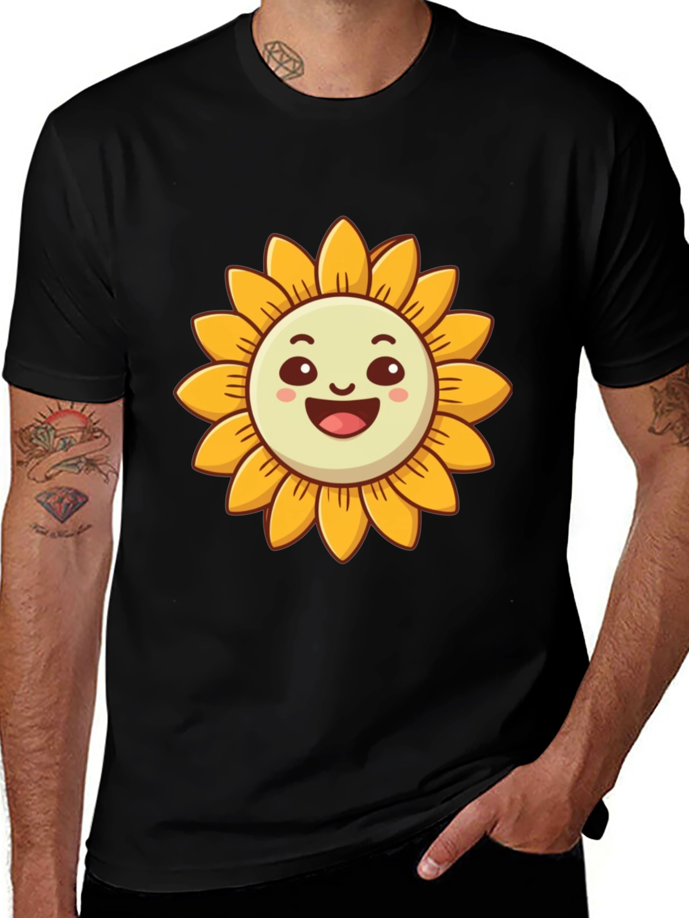 Cheerful Sunflower Graphic Tee - Black