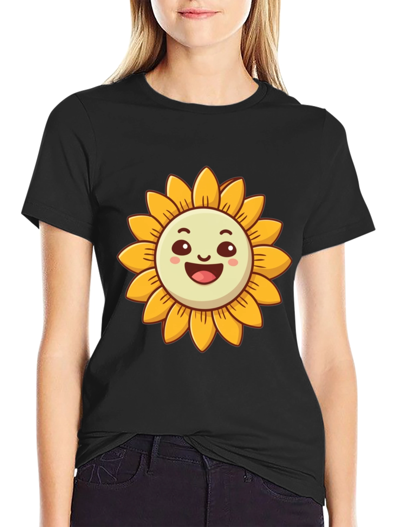 Cheerful Sunflower Graphic Tee - Black
