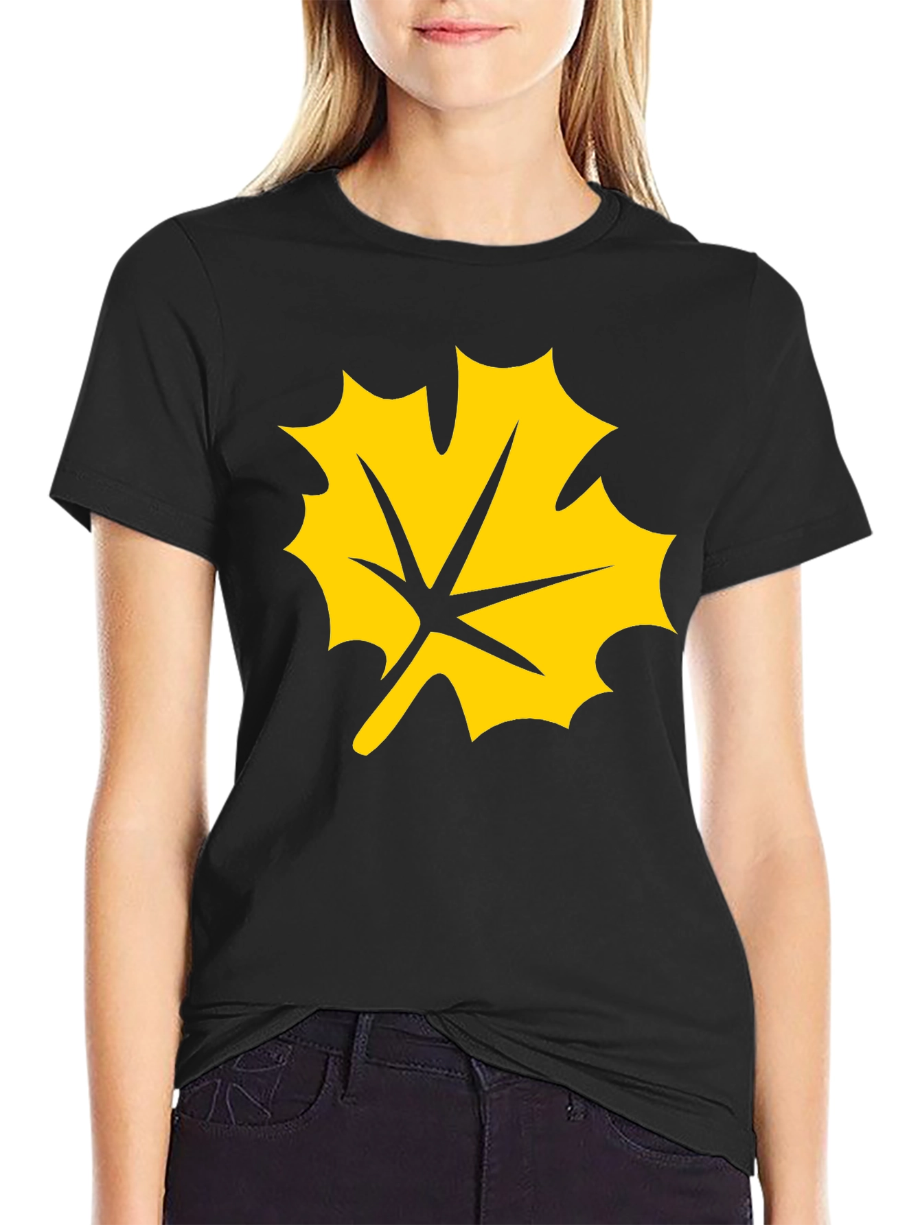 Black T-Shirt with Yellow Maple Leaf Graphic