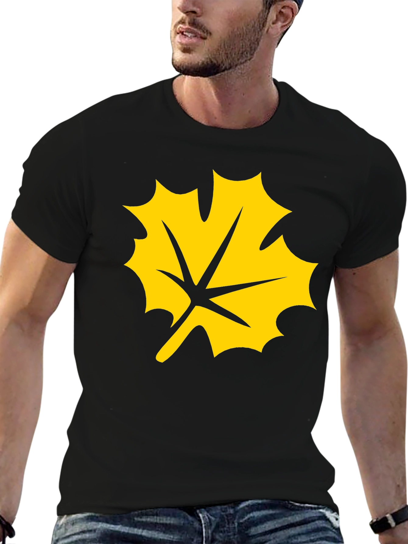 Black T-Shirt with Yellow Maple Leaf Graphic