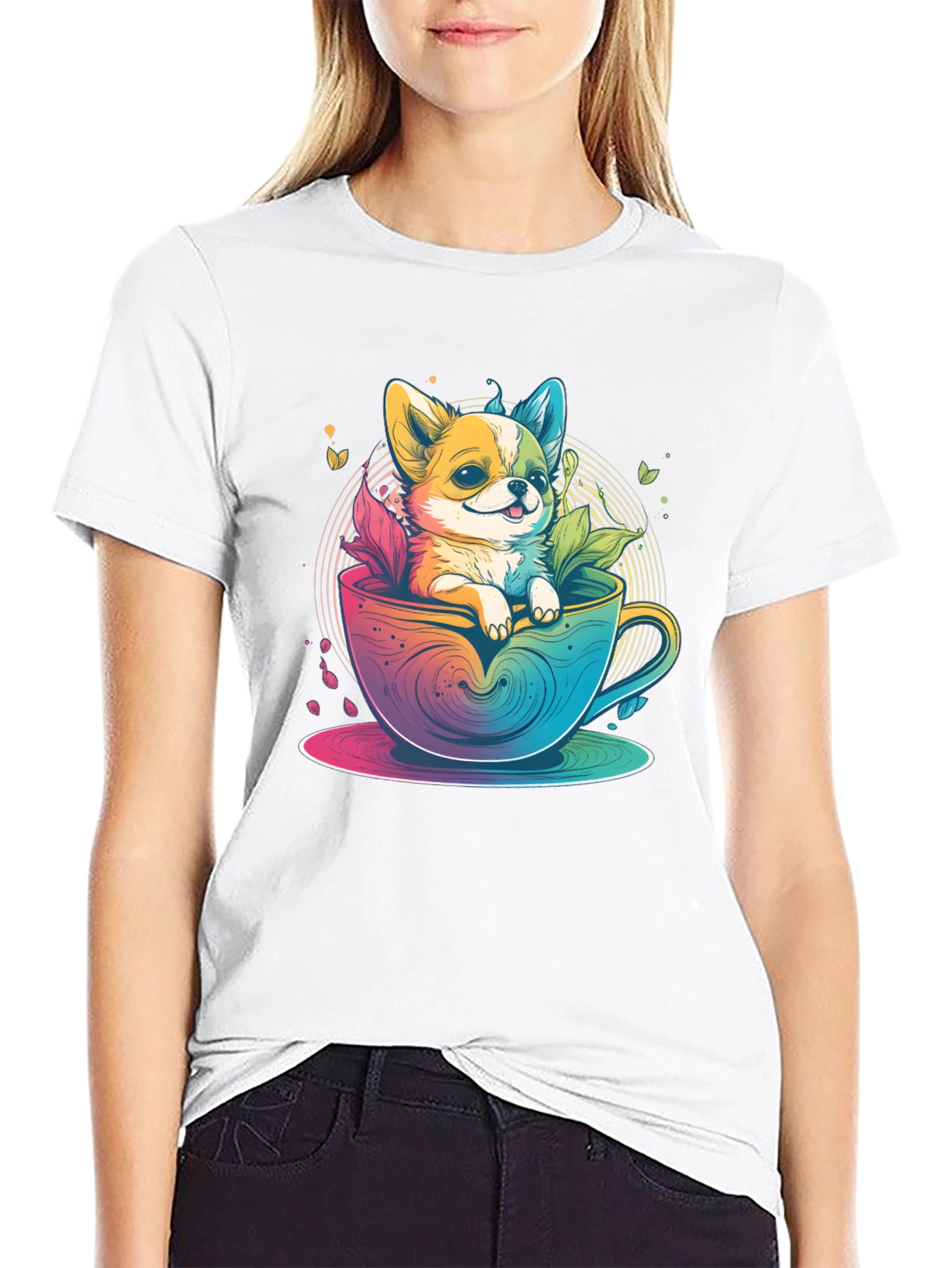 Cute Dog in Teacup Graphic Black T-Shirt