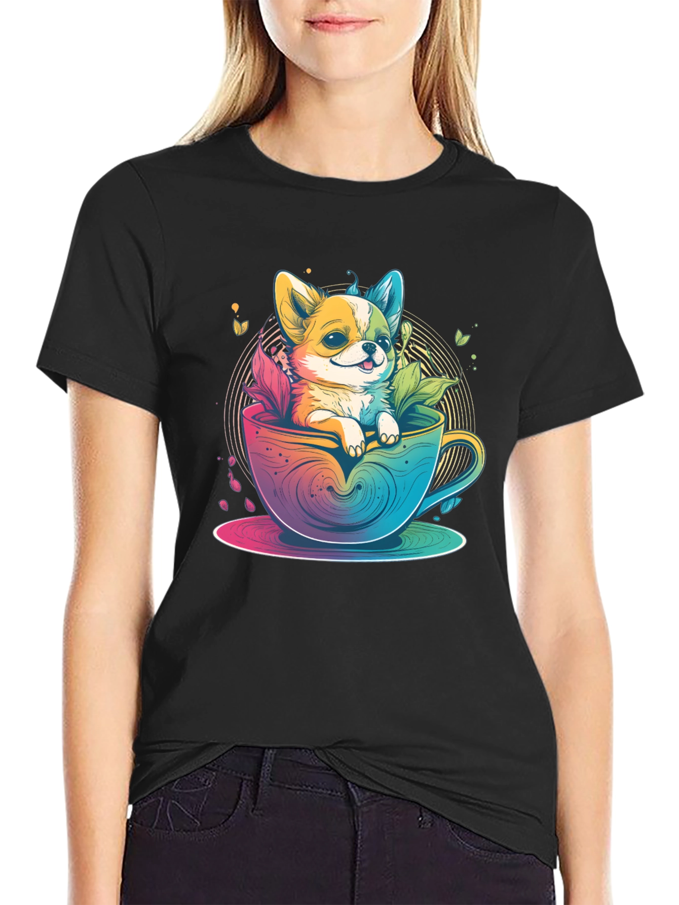 Cute Dog in Teacup Graphic Black T-Shirt